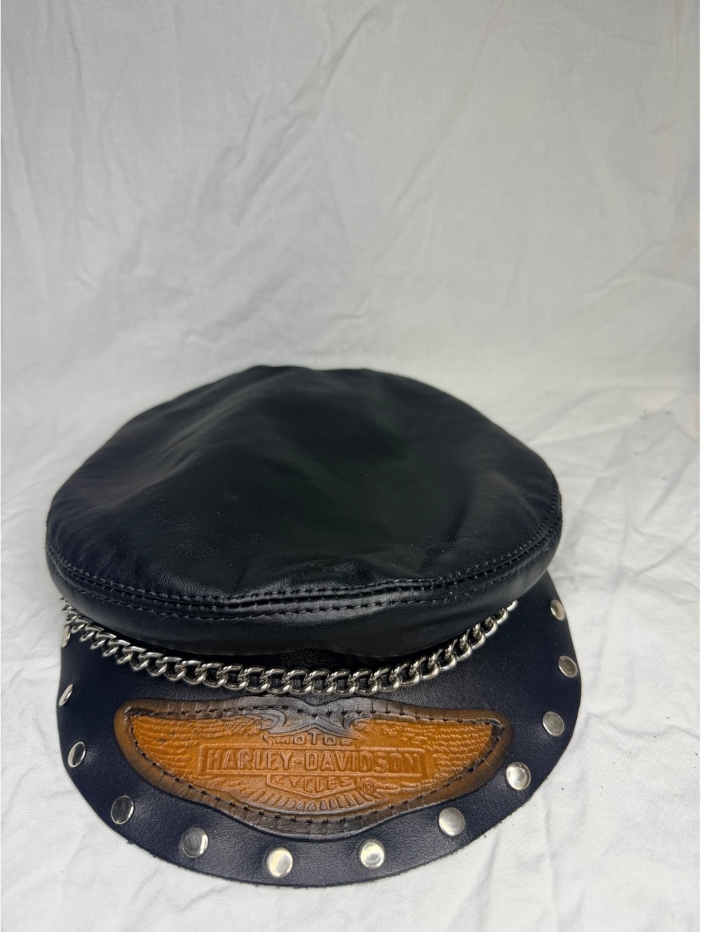 Vintage Harley Davidson Leather Biker Captain Hat Chain Studded L-XL